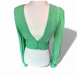 Hello Molly green, deep V-neck with buttons at bottom long flowy sleeves size 4